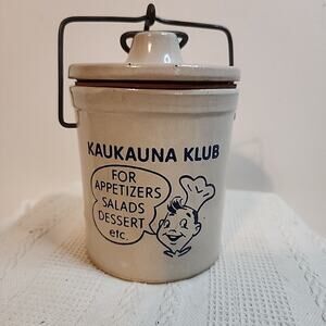 Vintage Kaukauna Klub Cheese Label Crock & Lid Stoneware Wisconsin 12 oz
